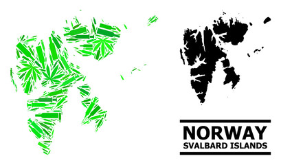 Addiction mosaic and usual map of Svalbard Islands. Vector map of Svalbard Islands is constructed of randomized vaccine symbols, weed and drink bottles.