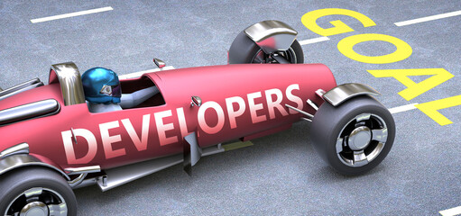 Developers helps reaching goals, pictured as a race car with a phrase Developers on a track as a metaphor of Developers playing vital role in achieving success, 3d illustration