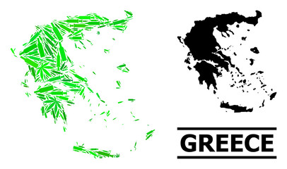 Drugs mosaic and usual map of Greece. Vector map of Greece is organized from randomized syringes, marijuana and alcohol bottles. Abstract territorial plan in green colors for map of Greece.