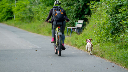 Frau auf Fahrrad mit Hund an der Leine
