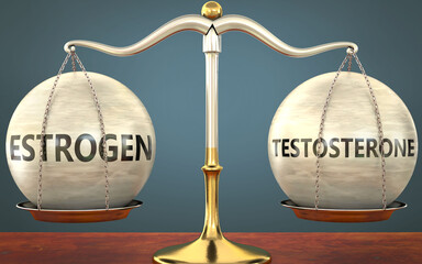 estrogen and testosterone staying in balance - pictured as a metal scale with weights and labels estrogen and testosterone to symbolize balance and symmetry of those concepts, 3d illustration - obrazy, fototapety, plakaty