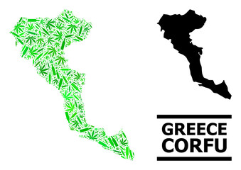 Drugs mosaic and solid map of Corfu Island. Vector map of Corfu Island is formed from random vaccine doses, herbal and drink bottles.