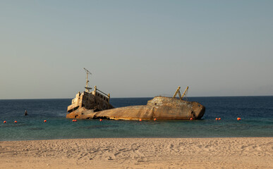 Sunset view of shipwreck in the Gulf of Aqaba off the Saudi Arabian coast, Haql Province