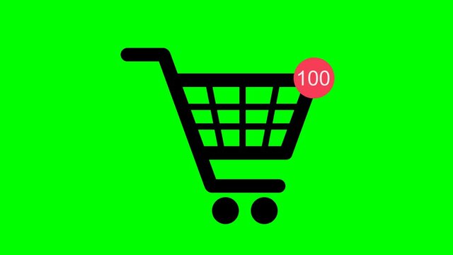 Animation of  shopping cart  and adding Items icon. shop sign on green background. 4K video