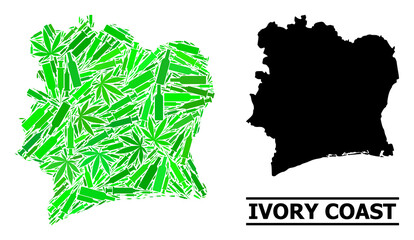 Drugs mosaic and solid map of Ivory Coast. Vector map of Ivory Coast is organized of random inoculation icons, dope and alcohol bottles. Abstract territory plan in green colors for map of Ivory Coast.