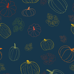 Seamless pattern multicolored contours of pumpkins on a dark blue background.