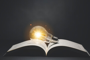 Light bulb and  vintage book style vintage dark background,The idea of reading books, knowledge, and searching for new ideas,book bible.Concept