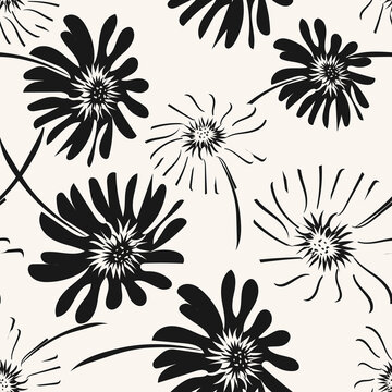 Monochrome floral seamless pattern. Vector abstract texture with simple big flower silhouettes. Elegant black and white background with hand drawn elements. Repeat design for decor, tileable print