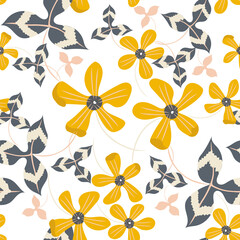 Fototapeta na wymiar Floral seamless pattern. Simple vector texture with hand drawn yellow flowers, leaves. Beautiful summer abstract background. Modern doodle style painting. Elegant repeat design for decor, print, cloth