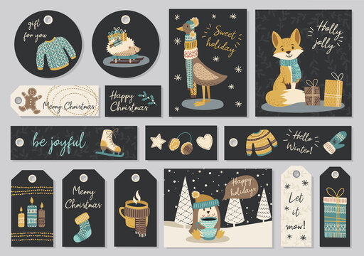 Set of modern hand drawn christmas gretting cards and tags with animals and other isolated elements. Vector illustration.
