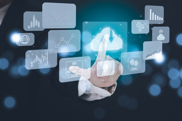 Business Asian woman touching Big data Cloud and business intelligence with chart and graph icons, Team success, HR Human, Business success and teamwork concept.