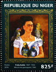 Self-portrait with parrots by Frida Kahlo on stamp