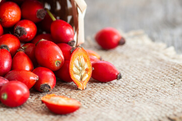 Fresh ripe rose hips in basket on burlap sack, raw briar berries or dog rose fruits with seed, healthy food concept ( rosa canina )