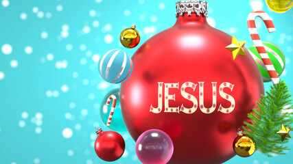 Jesus and Xmas holidays, pictured as abstract Christmas ornament ball with word Jesus to symbolize the connection and importance of Jesus during Christmas Holidays, 3d illustration