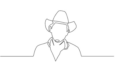 Profile portrait of smiling man in cowboy hat and shirt - continuous line drawing on white background. Linear minimal man face. Sun protection head accessory. Cowboy old man illustration