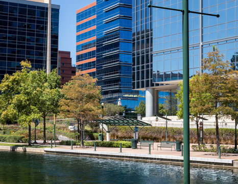 Buildings Along The Woodlands Waterway In Texas