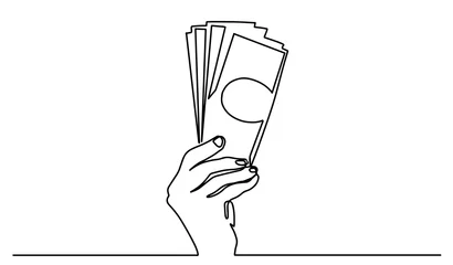 Fotobehang Payment with money, buying or purchase of goods. continuous line. continuous line drawing of hand giving money banknotes. Payment with money, buying or purchase of goods. continuous line © Mihail