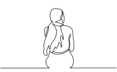 Continuous line drawing of young woman with ponytail. Woman sits one line. Vector illustration