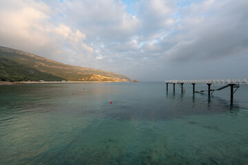 Sea landscape of turquoise idylic water in Portinho da Arrabida, Portugal