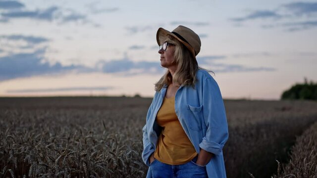 Image Of Conceived Middle Aged Woman In Wheat Field. She Stands And Looks Into The Distance. Around Dusk.