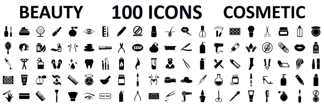 Set 100 beauty spa cosmetology icons with face, eye, legs, cream, oil, moisturizer, make up, nail polish, face cleanser. Beauty and cosmetology collection sign - stock vector