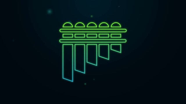 Glowing neon line Pan flute icon isolated on black background. Traditional peruvian musical instrument. Zampona. Folk instrument from Peru, Bolivia and Mexico. 4K Video motion graphic animation
