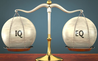 Metaphor of iq and eq staying in balance - showed as a metal scale with weights and labels iq and eq to symbolize balance and symmetry of iq and eq in life or business, 3d illustration - obrazy, fototapety, plakaty