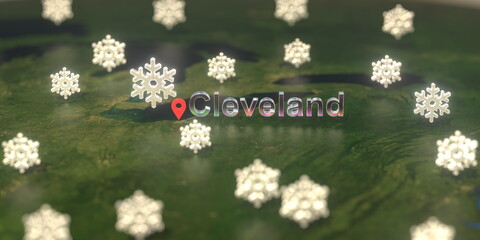 Cleveland city and snowy weather icon on the map, weather forecast related 3D rendering
