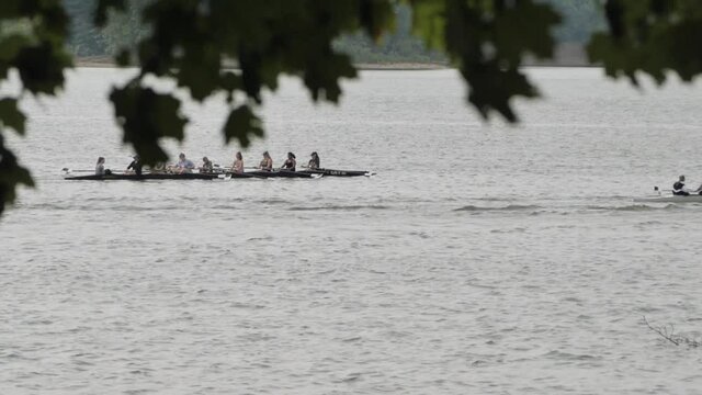 Medium, rowing club practices on the waters of Hoover Reservoir, Ohio, USA