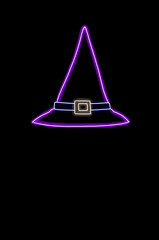 Fototapeta premium Purple neon witch hat silhouette on black background for halloween