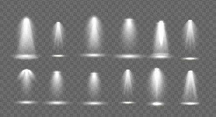 Scene illumination big collection, concert lighting, stage spotlights. Spot lighting of the stage. Transparent Special effect for your design