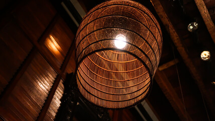 Vintage lamp in restaurant. Close up of lamp in restaurant. Indoor decoration. Interior lights.