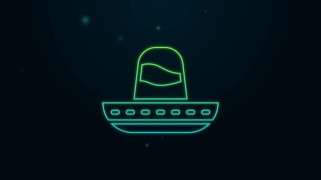 Glowing neon line Traditional mexican sombrero hat icon isolated on black background. 4K Video motion graphic animation