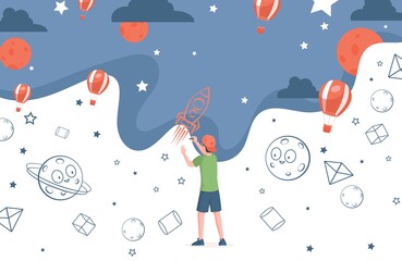 Little boy in modern clothes drawing rockets, planets, and air balloons vector flat illustration. Cute child dreaming of space travel, and drawing sky and stars. Children imagination and creativity.