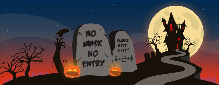 Halloween Haunted House Social Distancing Shop Event Rules Poster Signage Party Scary Spooky Pumpkin with Mask, No mask no entry, Mask, Covid Precautions, Illustration, Story, Background, Pandemic