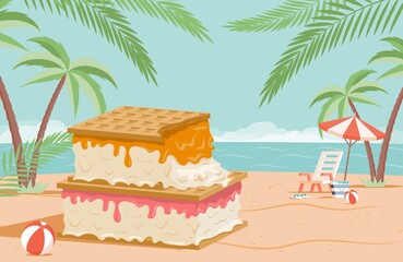 Big tasty ice cream with waffles on summer beach vector flat illustration. Summer time, seasonal recreation concept. Sandy beach with ice cream, umbrella, ball, tropical palms, and sea waves.