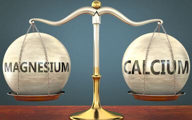 magnesium and calcium staying in balance - pictured as a metal scale with weights and labels magnesium and calcium to symbolize balance and symmetry of those concepts, 3d illustration - obrazy, fototapety, plakaty