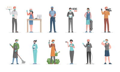 Group of people of different professions. Labor Day vector flat concept. Policeman, doctor, gardener, waiter, seller, anchorman, skater, cameraman, sportsman characters in medical masks.