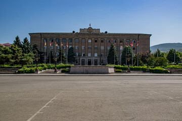 Fototapeta na wymiar Stepanakert, Artsakh (Nagorno-Karabakh), 7 August 2017. Presidential Palace in the city-center of Stepanakert, capital city of the self-proclaimed Republic of Artsakh.