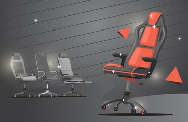 Gaming chair vector flat banner design. Red and grey office chairs work chairs or gaming chairs with cushions for modern office or cabinet interior design. Comfortable armchair for gaming or working. © Pavlo Plakhotia