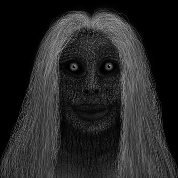 Dryad or spriggan, woman with tree bark instead of skin with gray hair on a black background.