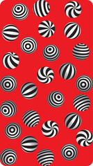 Dark abstract paint background with striped spheres. Screen vector design for mobile app