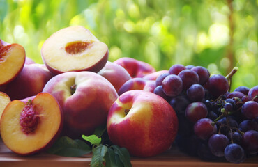 Naklejka na ściany i meble ripe peaches and grapes on wooden table