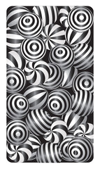 Dark abstract paint background with striped spheres. Screen vector design for mobile app