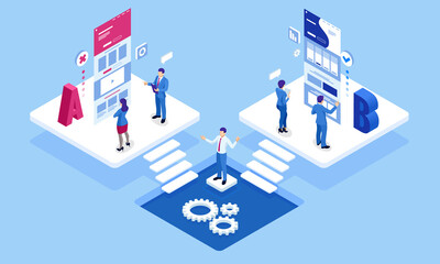 Isometric AB testing, comparison concept. Split Testing web page comparing.