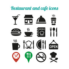 Restaurant and cafe icons set on white background.
