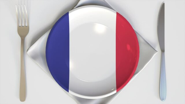 Top-down view of the plate with flag of France, national cuisine conceptual animation