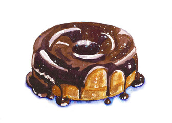 Colorful artistic watercolor illustration of a large round chocolate glazed donut
