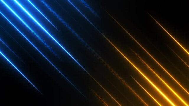 Abstract technology background with blue and golden neon rays. Versus animation template. Bright split screen texture for compare concept. Seamless loop.