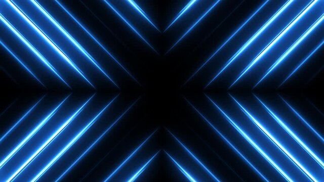 Abstract techno background with blue neon lights. Striped texture in cross shape for innovation concept. Seamless loop.